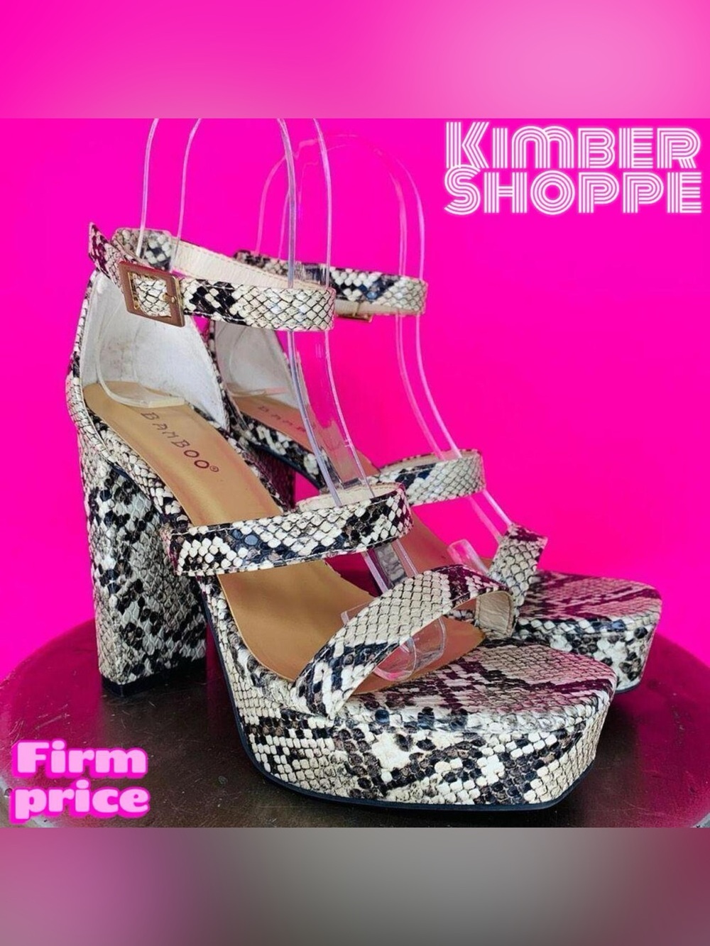 Bamboo Snake Print Triple Strap Square Toe Platform Sandal US 5.5
